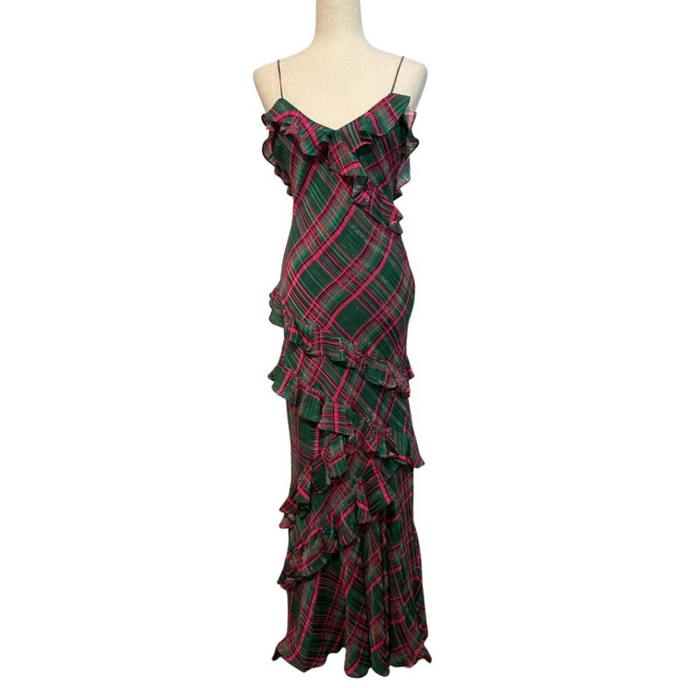 LoveShackFancy Rialto Maxi Dress Plaid Ruffle Women’s sz 0 Green Pink